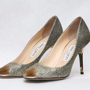 Jimmy Choo Evelyn Gold Shimmer Peep-toe Heels